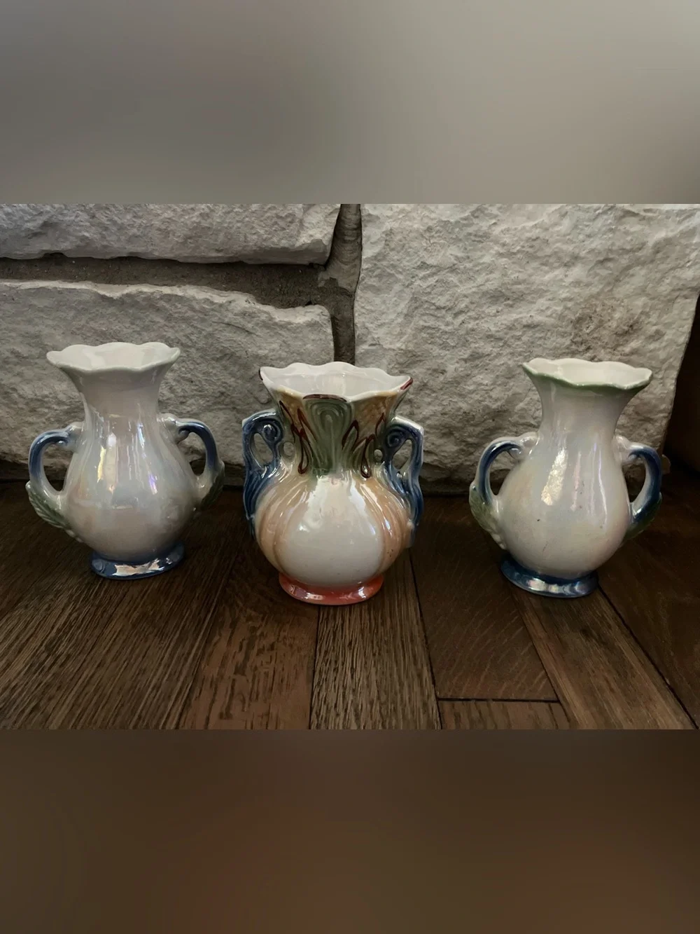3 Vintage Lusterware Vase Art Pottery Floral Double Handle From Brazil